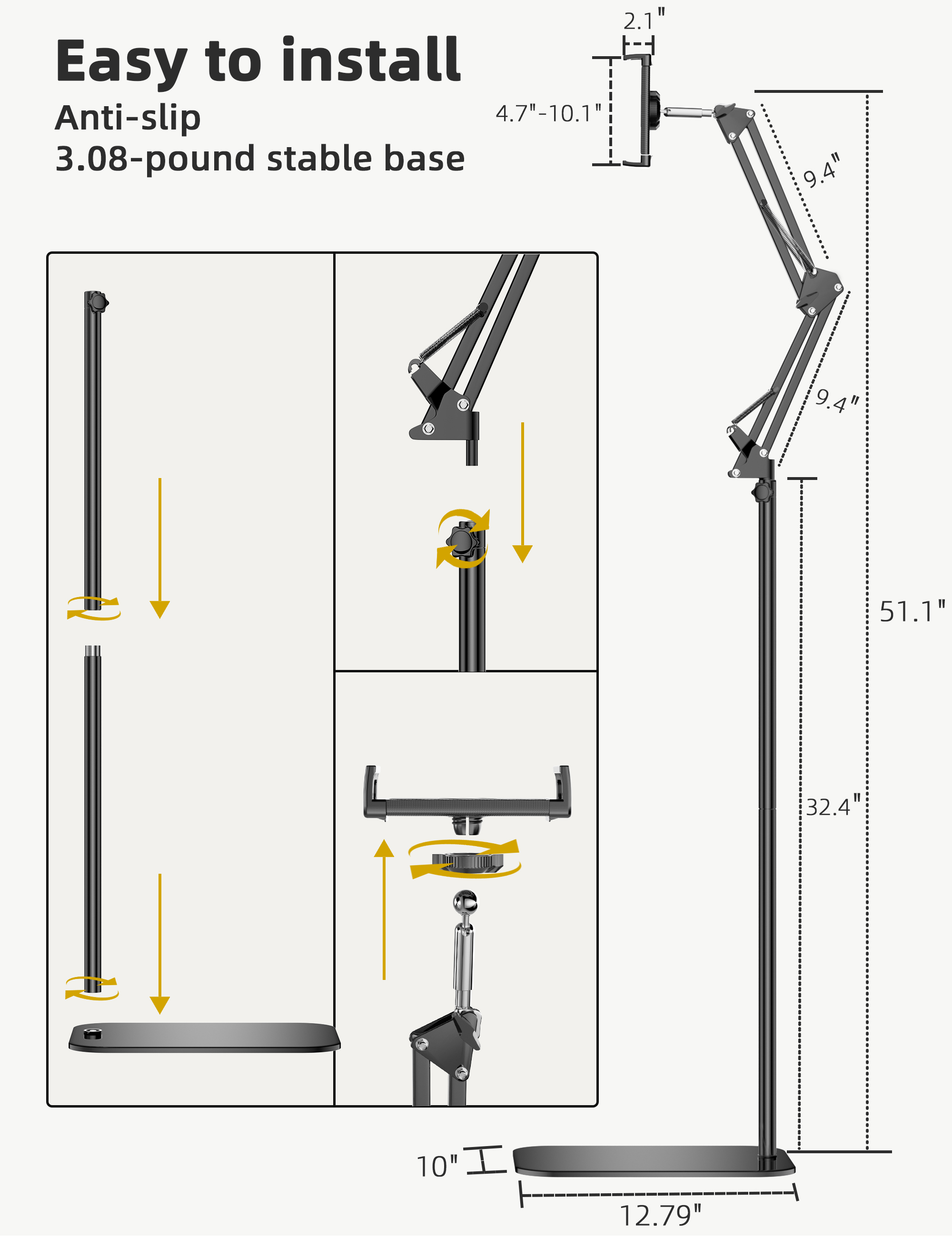 Tablet Floor Stand, 360-degree Rotatable Metal Tablet Stand Holder